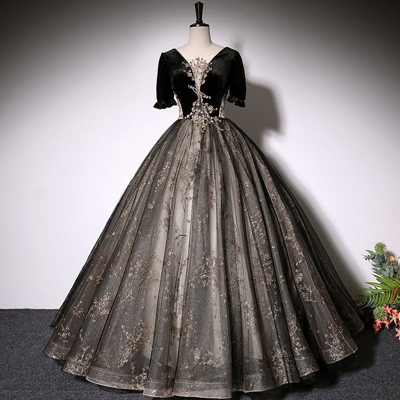 Beaira Beautiful Black Tulle Short Sleeves Long Party Dress Black Short Sleeves Prom Dress prom dresses shops