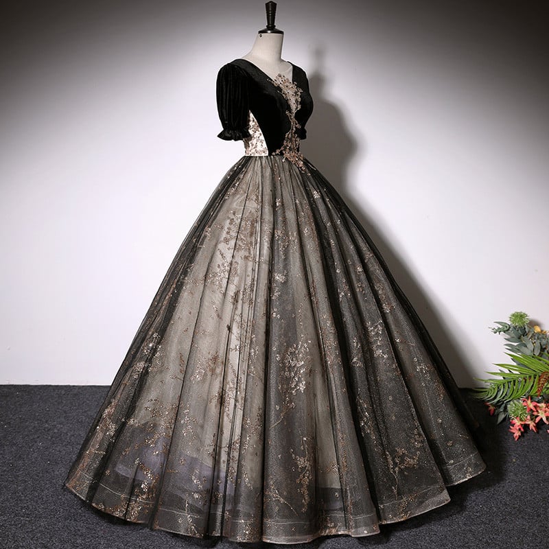 Beaira Beautiful Black Tulle Short Sleeves Long Party Dress Black Short Sleeves Prom Dress prom dresses shops