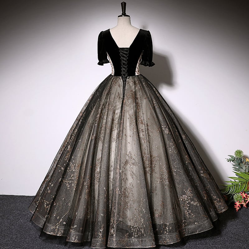 Beaira Beautiful Black Tulle Short Sleeves Long Party Dress Black Short Sleeves Prom Dress prom dresses shops
