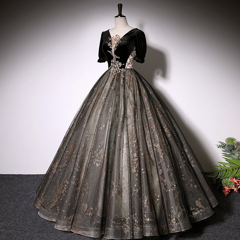 Beaira Beautiful Black Tulle Short Sleeves Long Party Dress Black Short Sleeves Prom Dress prom dresses shops