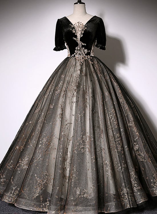 Beaira Beautiful Black Tulle Short Sleeves Long Party Dress Black Short Sleeves Prom Dress prom dresses shops