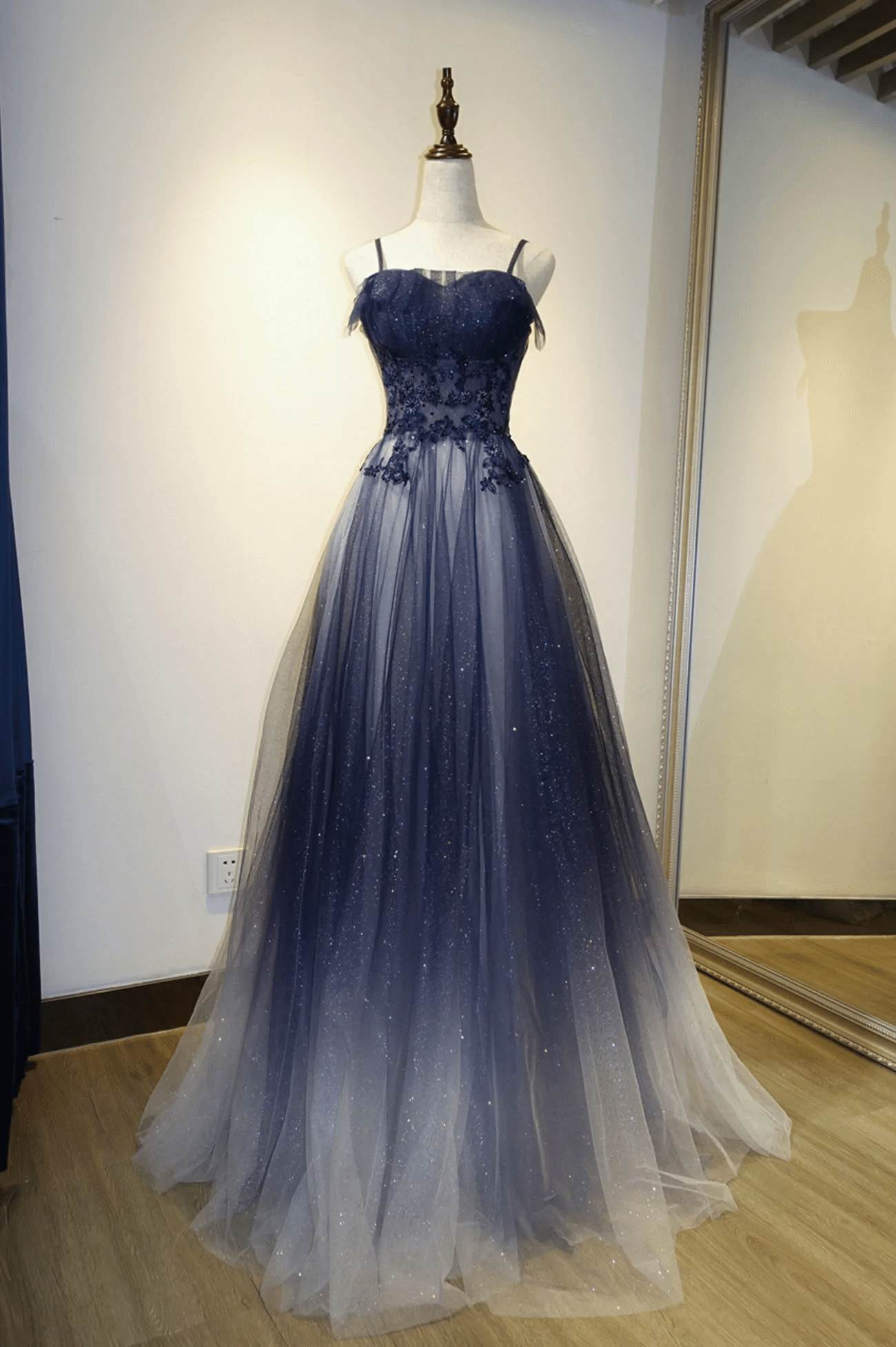 Beaira Blue Gradient Straps Tulle Long Party Dress with Lace Blue Junior Prom Dress prom dresses shops