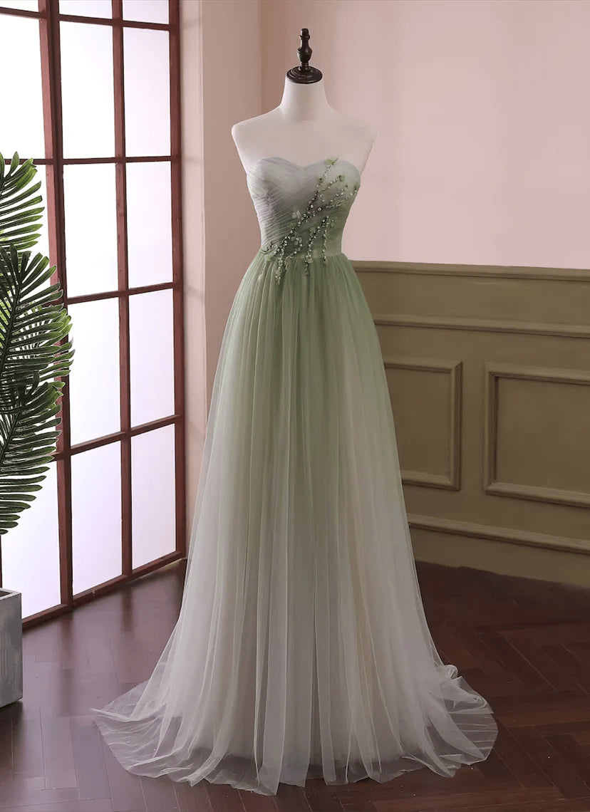Beaira Gradient Light Green Beaded Tulle A-line Party Dress Long Junior Prom Dress prom dresses shops