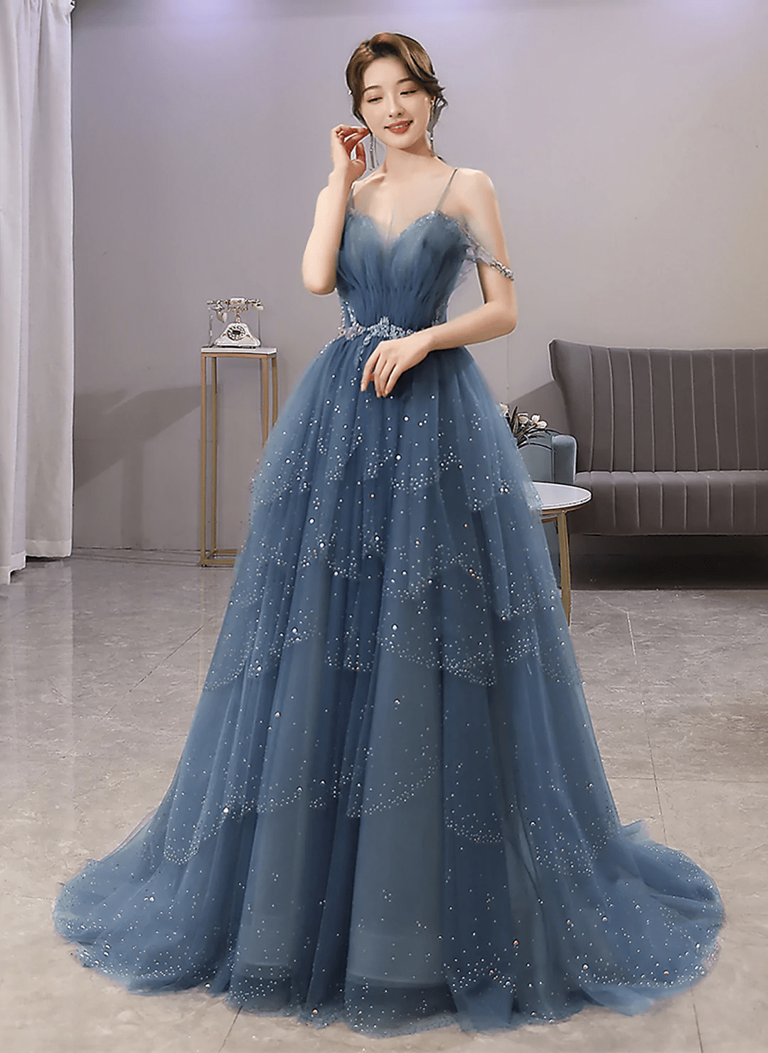 Beaira Blue Tulle Beaded Unique Long Party Dress Blue Shiny Long Straps Formal Dress prom dresses shops