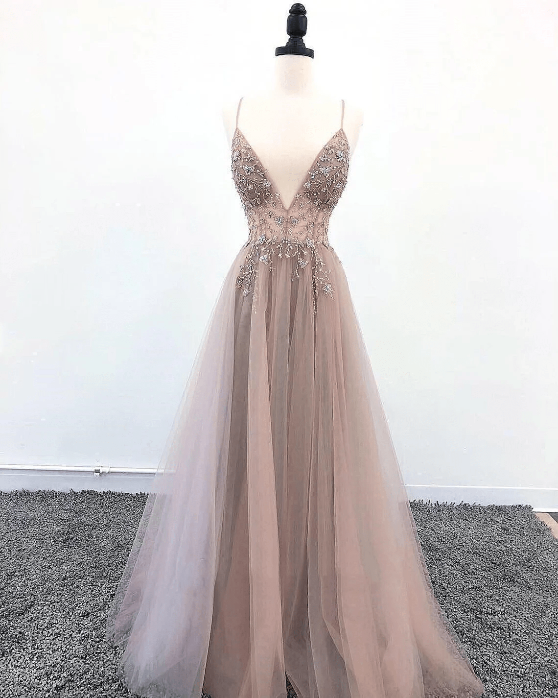 Beaira Tulle V-neckline Straps Beaded Low Back Long Formal Dress Tulle Prom Dress prom dresses shops