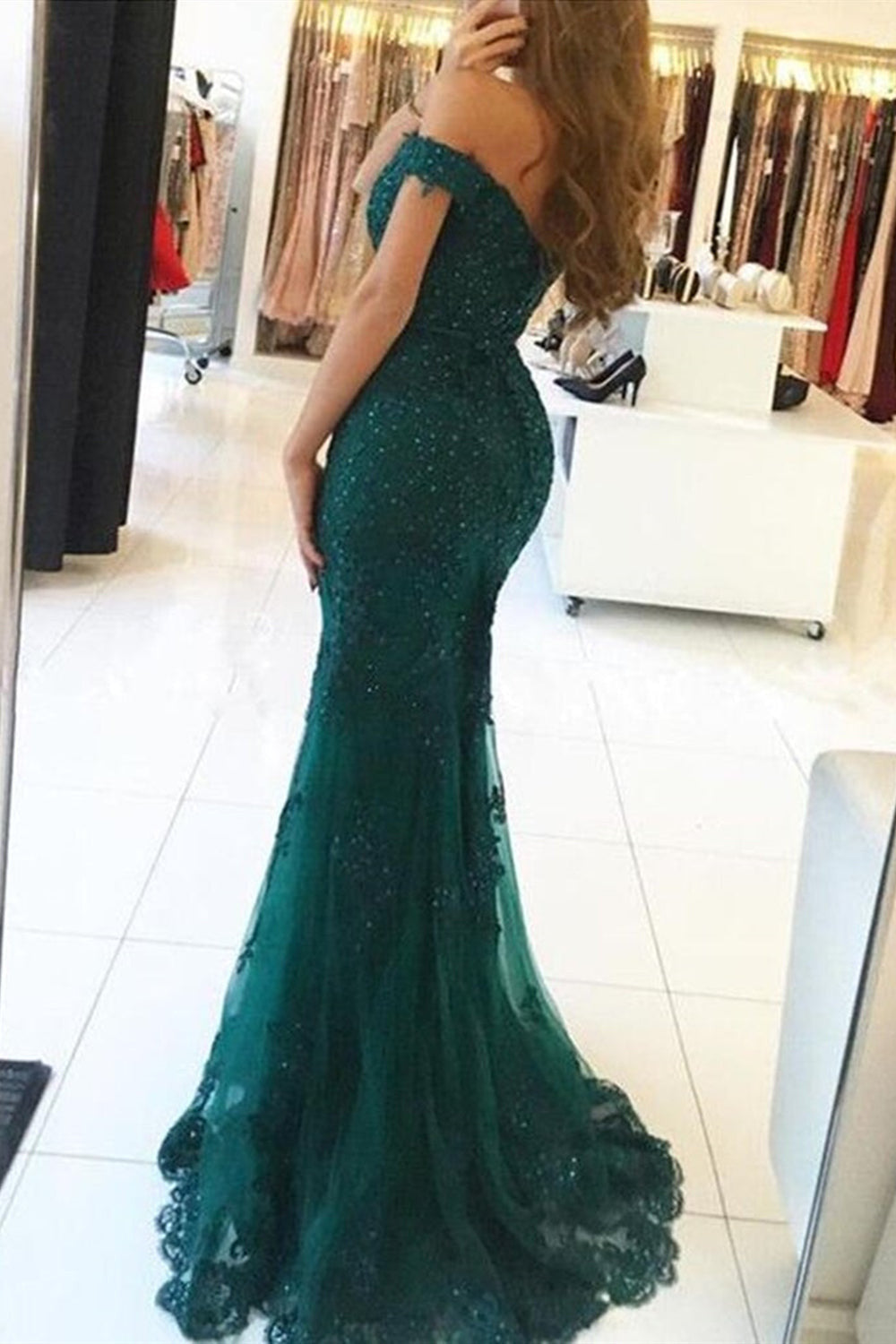 Beaira Dark Green Mermaid Off Shoulder Party Dress with Lace Mermaid Prom Dress prom dresses shops