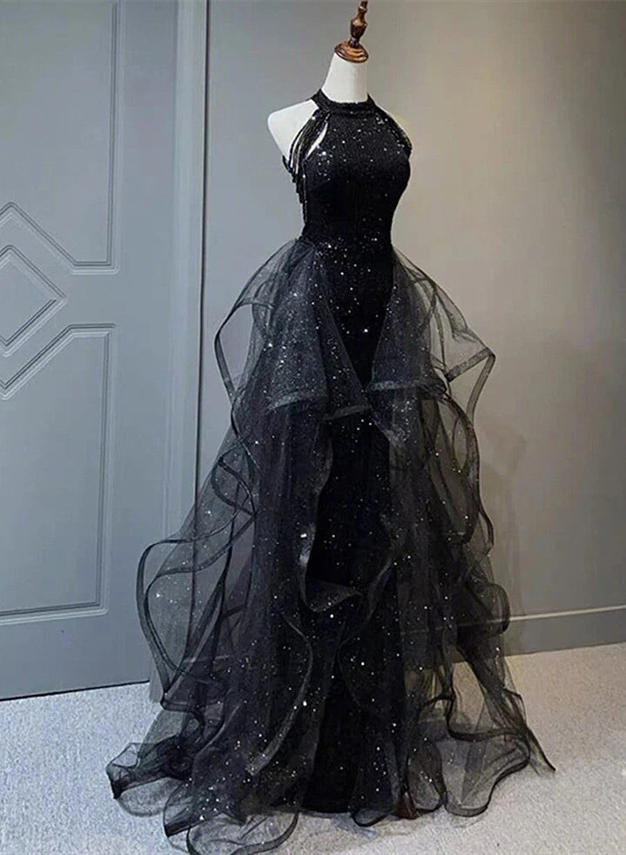 Beaira High Neckline Black Halter Shiny Tulle And Sequins Party Dress Black Tulle Prom Dress prom dresses shops