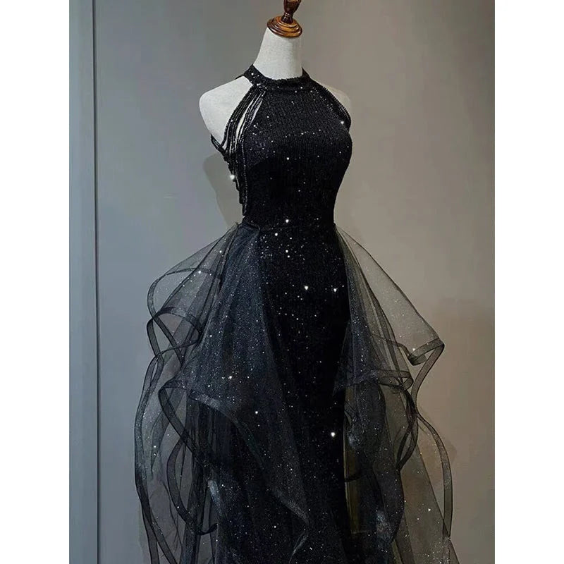 Beaira High Neckline Black Halter Shiny Tulle And Sequins Party Dress Black Tulle Prom Dress prom dresses shops