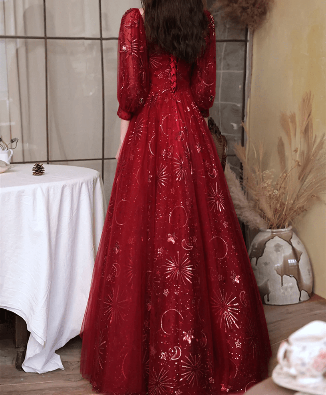 Beaira Wine Red Tulle with Lace Puffy Sleeves Prom Dress A-line Wine Red Bridesmaid Dress prom dresses shops