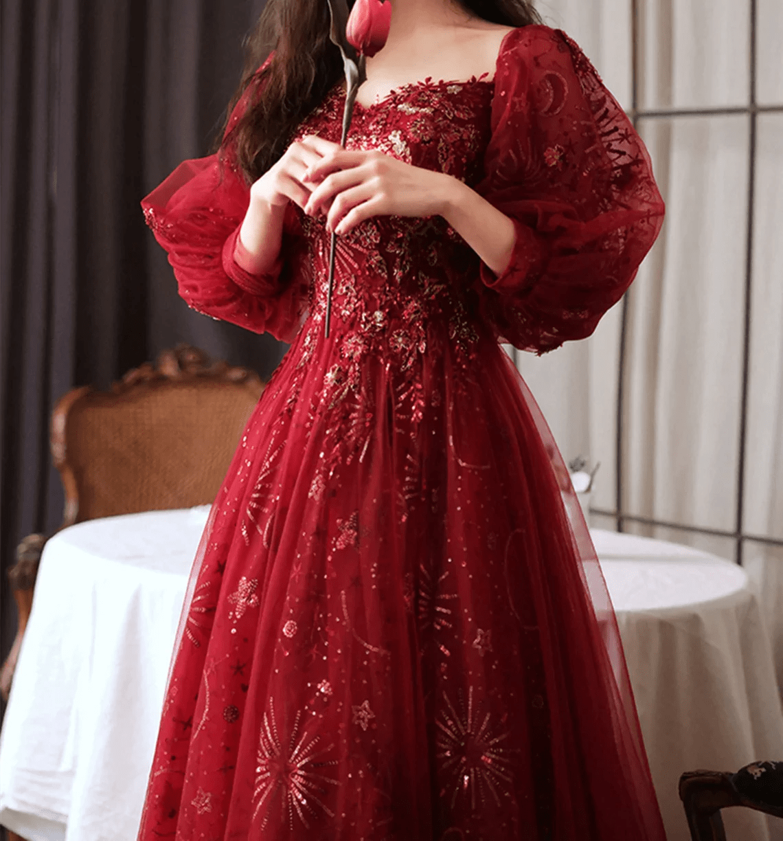 Beaira Wine Red Tulle with Lace Puffy Sleeves Prom Dress A-line Wine Red Bridesmaid Dress prom dresses shops