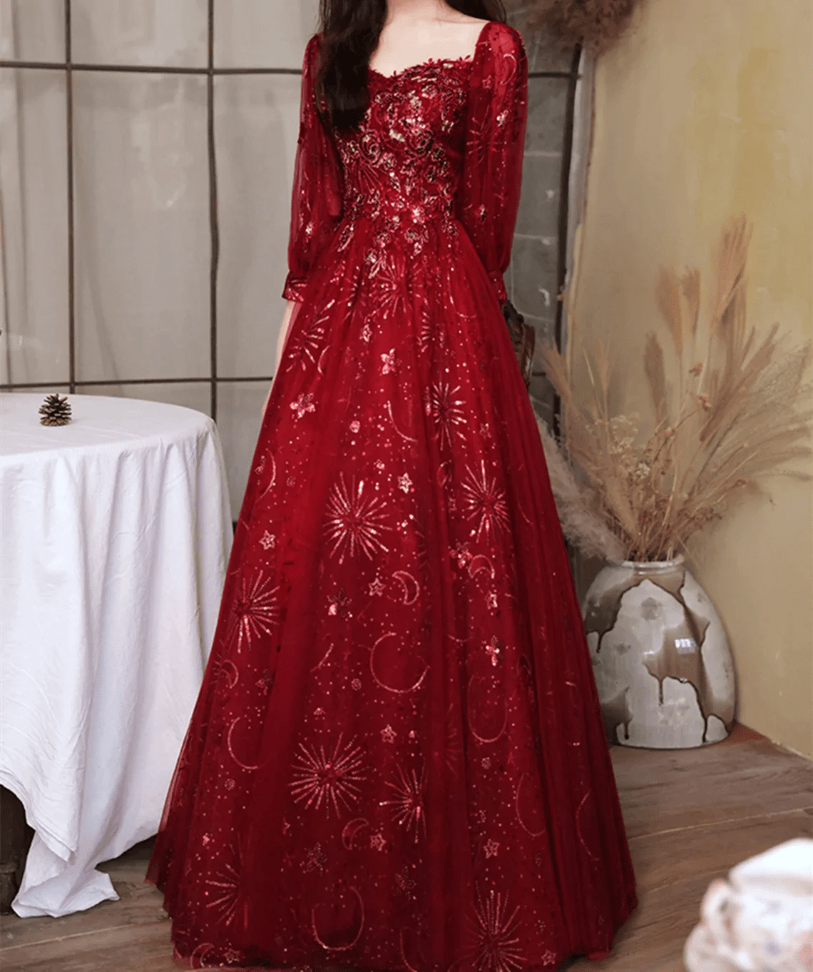 Beaira Wine Red Tulle with Lace Puffy Sleeves Prom Dress A-line Wine Red Bridesmaid Dress prom dresses shops