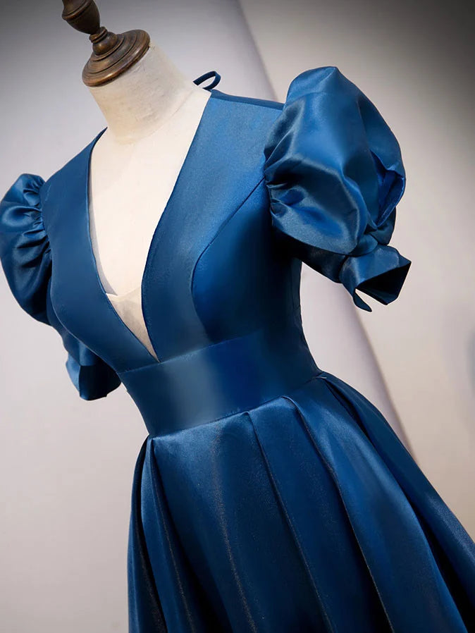 Beaira Blue Satin V-neckline Short Sleeves Party Dress Blue A-line Evening Dress prom dresses shops