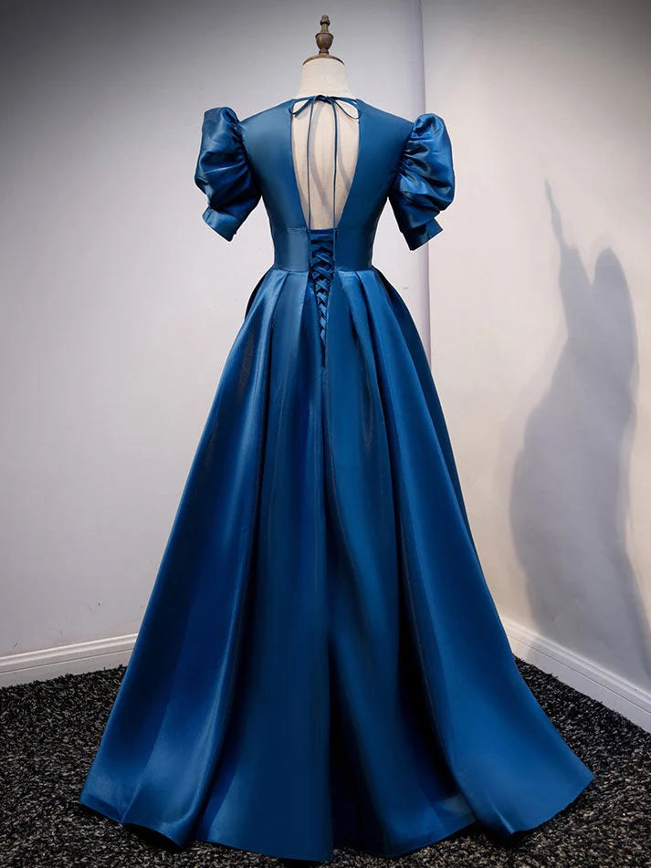 Beaira Blue Satin V-neckline Short Sleeves Party Dress Blue A-line Evening Dress prom dresses shops