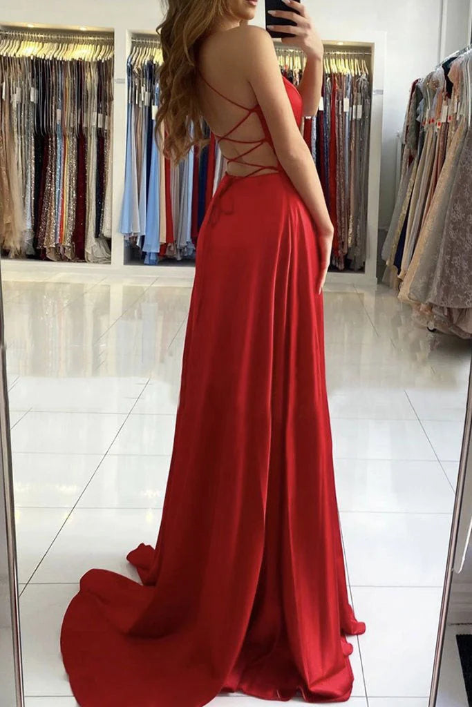 Beaira Red Satin Simple Long V-neckline Prom Dress Red A-line Floor Length Party Dress prom dresses shops