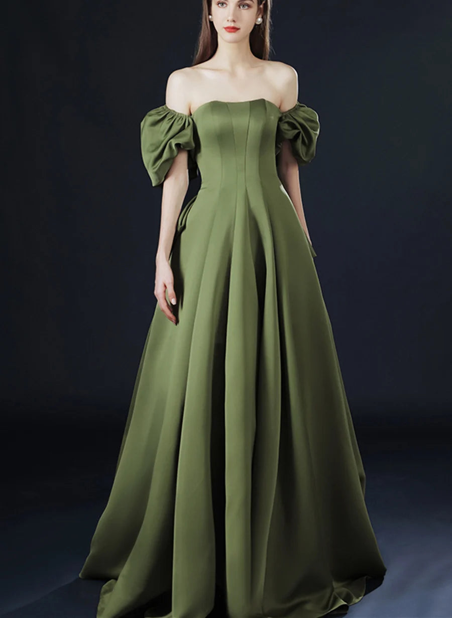 Beaira Dark Green Satin Short Sleeves Party Dress Dark Green Formal Dress prom dresses shops