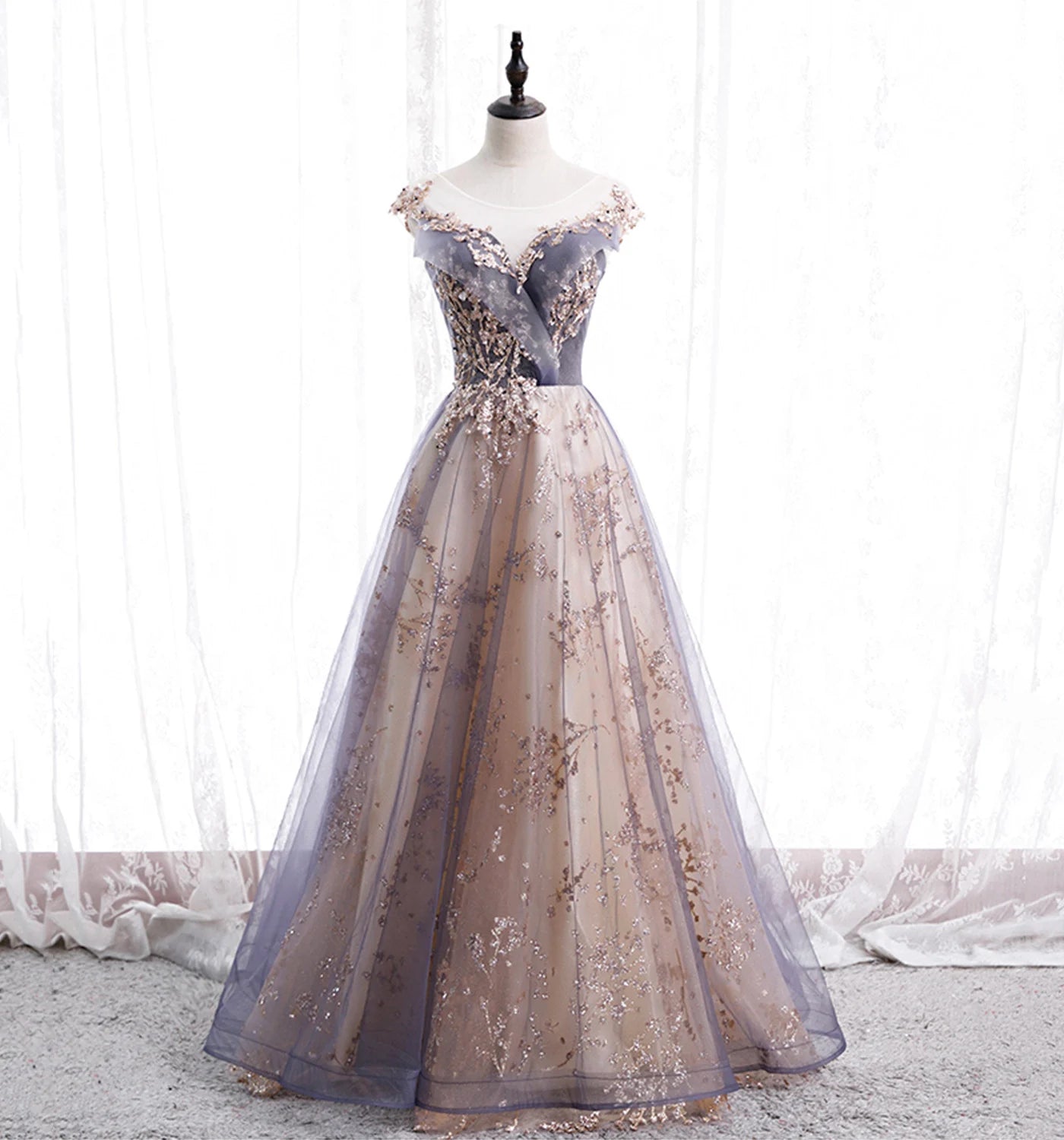 Beaira A-line Tulle with Lace Applique Party Dress Tulle Long Prom Dress prom dresses shops