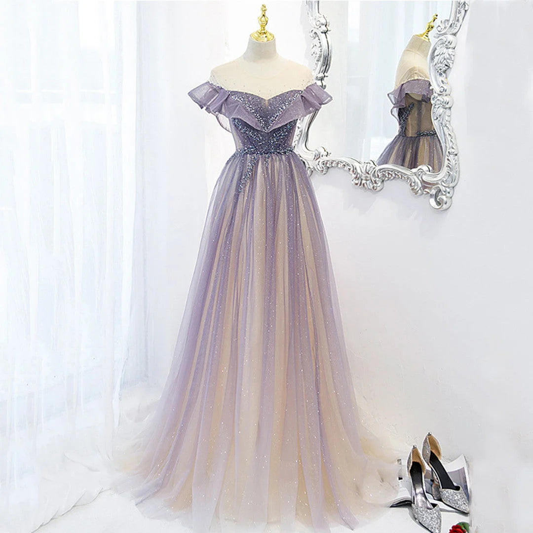 Beaira Light Purple Shiny Tulle Gradient A-line Sweetheart Prom Dress Long Tulle Formal Dress prom dresses shops