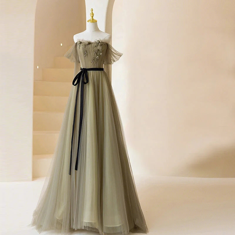 Beaira Light Green Tulle Off Shoulder with Flowers A-line Prom Dress Green Evening Gowns prom dresses shops