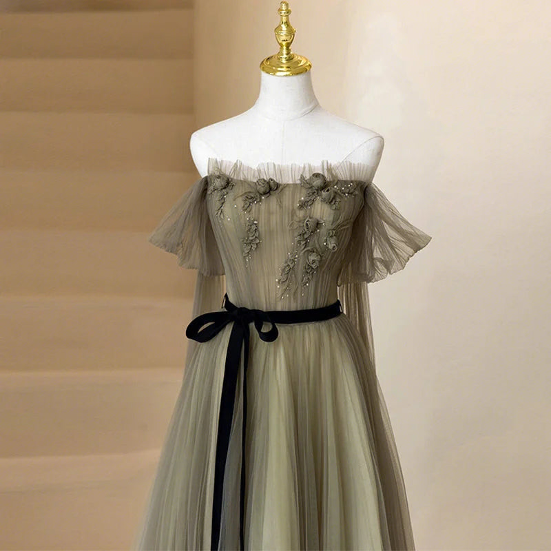 Beaira Light Green Tulle Off Shoulder with Flowers A-line Prom Dress Green Evening Gowns prom dresses shops