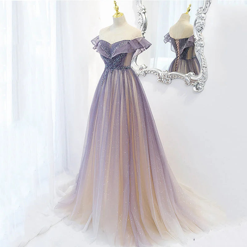 Beaira Light Purple Shiny Tulle Gradient A-line Sweetheart Prom Dress Long Tulle Formal Dress prom dresses shops