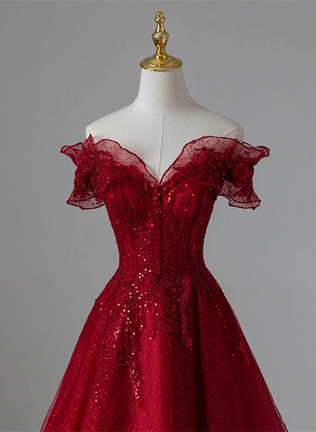 Beaira Wine Red Tulle with Sequins and Lace Party Dress Wine Red A-line Prom Dress prom dresses shops
