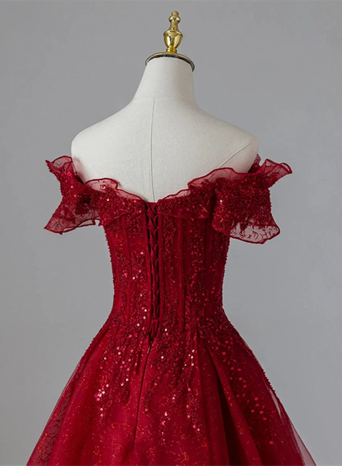 Beaira Wine Red Tulle with Sequins and Lace Party Dress Wine Red A-line Prom Dress prom dresses shops