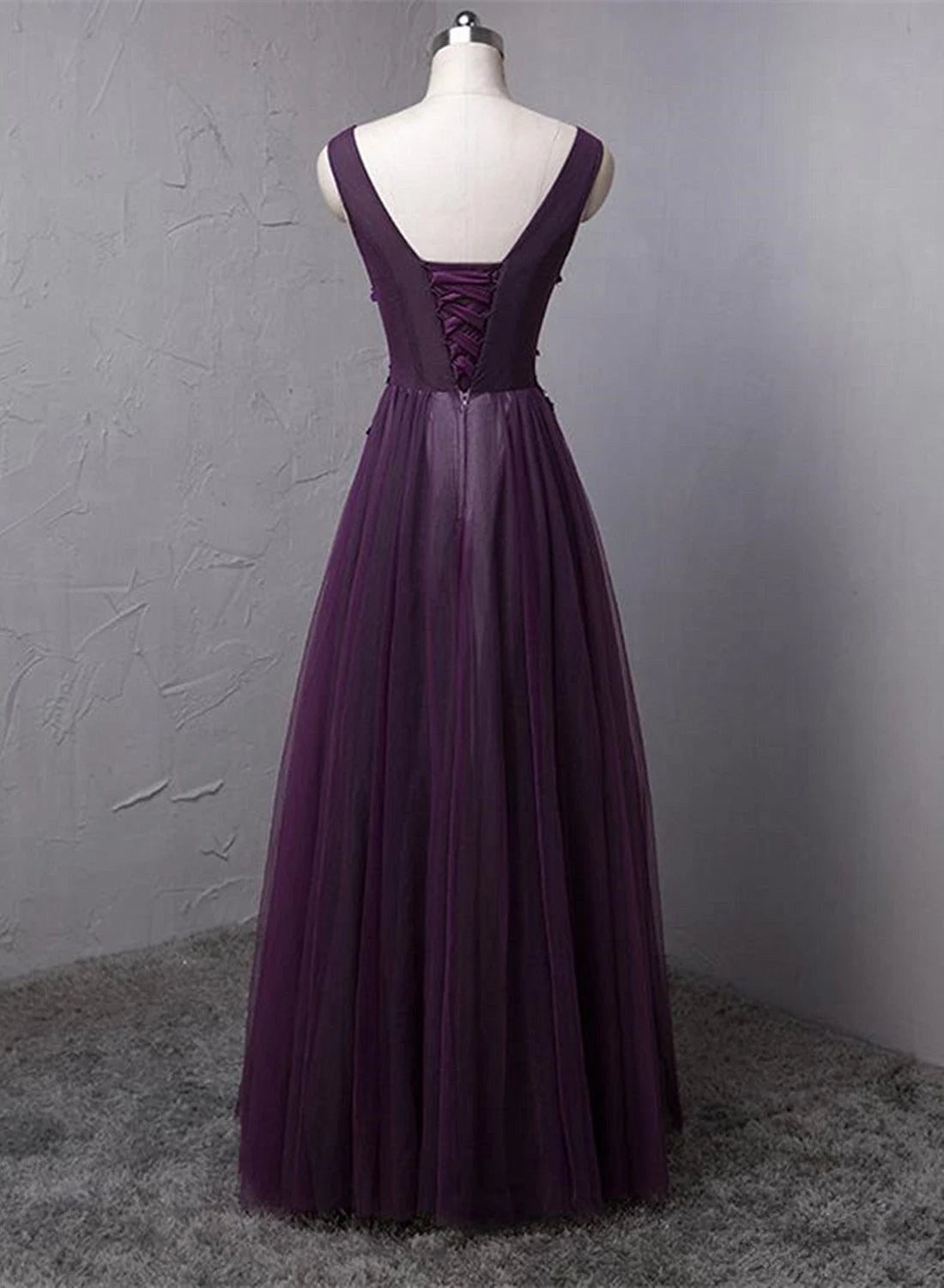 Beaira Dark Purple V-neckline Beaded Tulle Long Formal Dress Purple Evening Dress prom dresses shops
