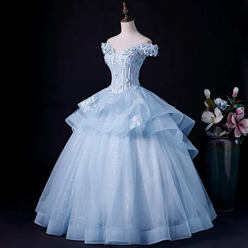 Beaira Light Blue Tulle Ball Gown Off Shoulder Sweet 16 Dress Blue Formal Dress with Lace prom dresses shops