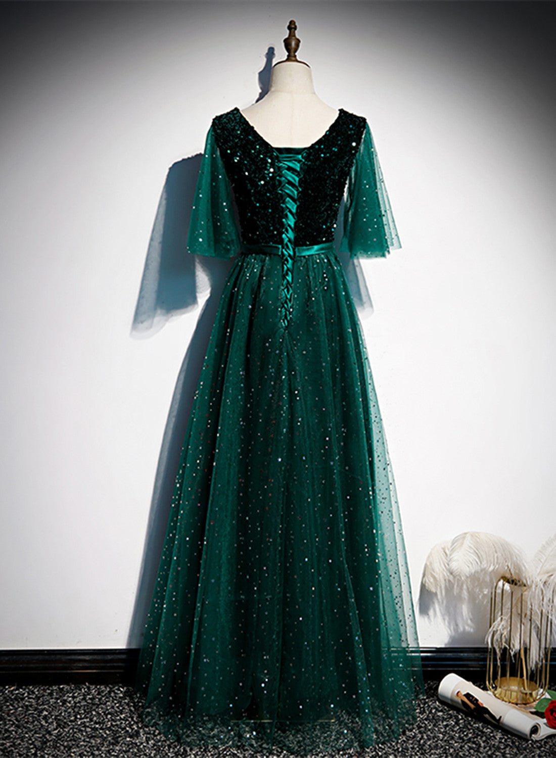 Beaira Green V-neckline Shiny Tulle Long Wedding Party Dresses Green Formal Dresses prom dresses shops