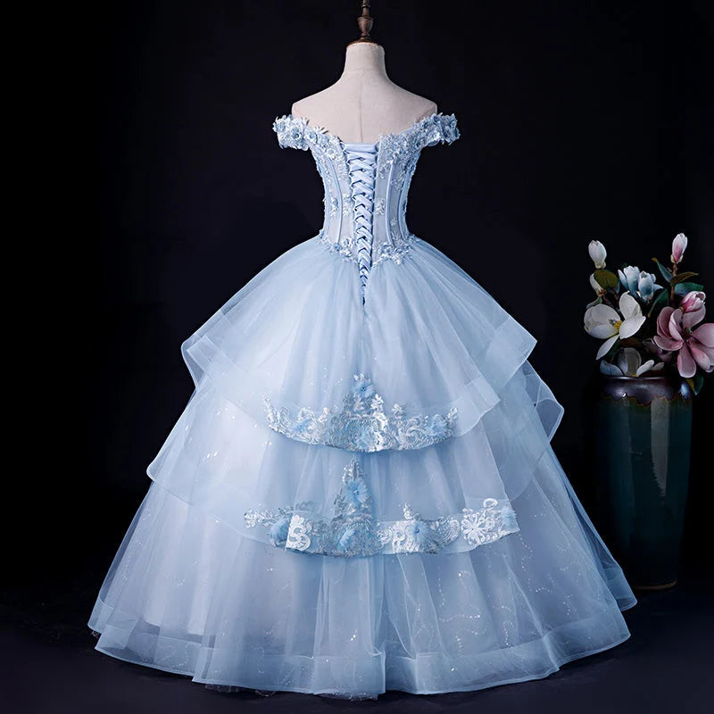 Beaira Light Blue Tulle Ball Gown Off Shoulder Sweet 16 Dress Blue Formal Dress with Lace prom dresses shops