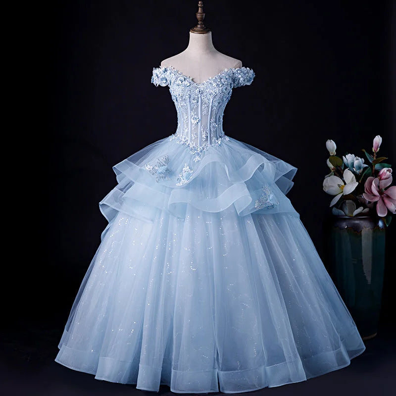 Beaira Light Blue Tulle Ball Gown Off Shoulder Sweet 16 Dress Blue Formal Dress with Lace prom dresses shops