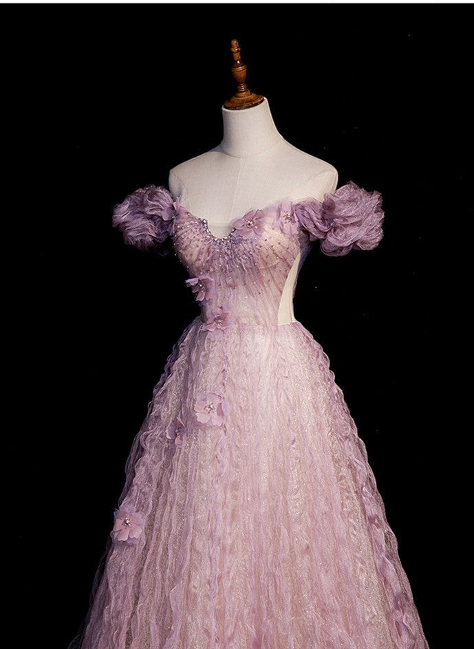 Beaira Pink Tulle Long Off Shoulder Party Dress with Flowers Pink Evening Dress Formal Dress prom dresses shops