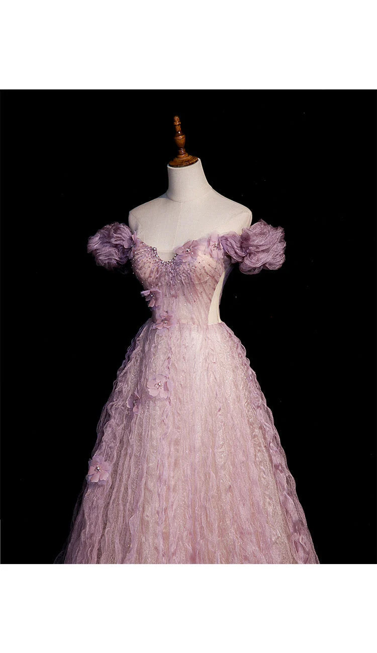Beaira Pink Tulle Long Off Shoulder Party Dress with Flowers Pink Evening Dress Formal Dress prom dresses shops