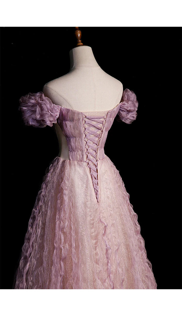Beaira Pink Tulle Long Off Shoulder Party Dress with Flowers Pink Evening Dress Formal Dress prom dresses shops