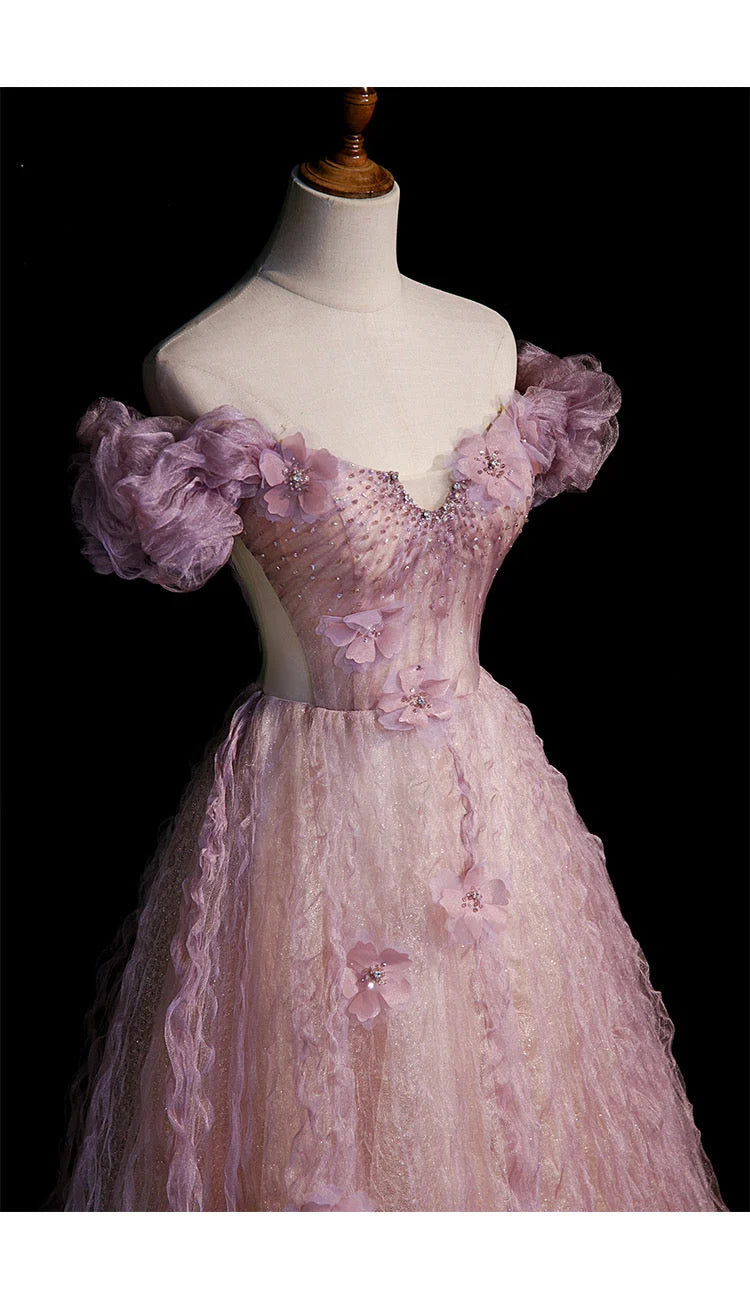 Beaira Pink Tulle Long Off Shoulder Party Dress with Flowers Pink Evening Dress Formal Dress prom dresses shops