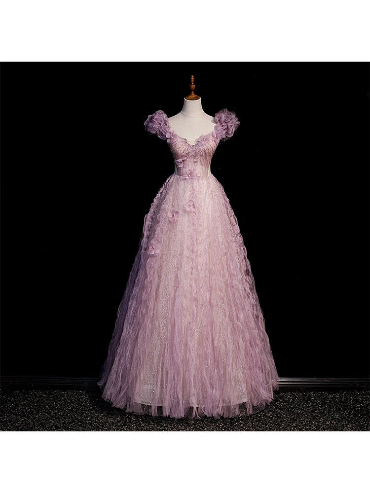 Beaira Pink Tulle Long Off Shoulder Party Dress with Flowers Pink Evening Dress Formal Dress prom dresses shops