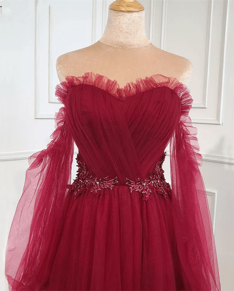 Beaira Wine Red Off Shoulder Beaded Long Formal Dress Wine Red Evening Dress prom dresses shops