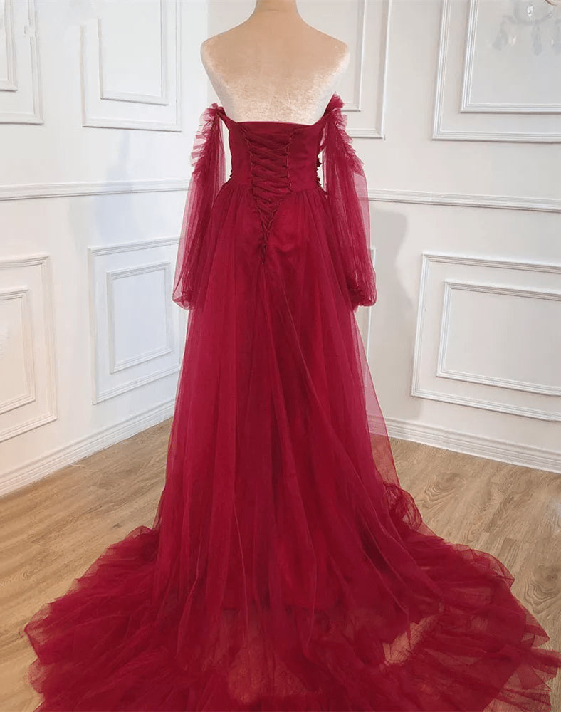 Beaira Wine Red Off Shoulder Beaded Long Formal Dress Wine Red Evening Dress prom dresses shops