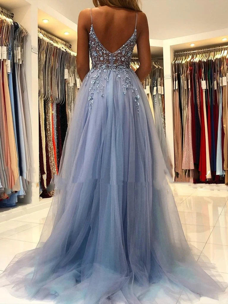 Beaira Blue V Neck Open Back Beaded Long Prom Dress High Slit Party Dress prom dresses shops