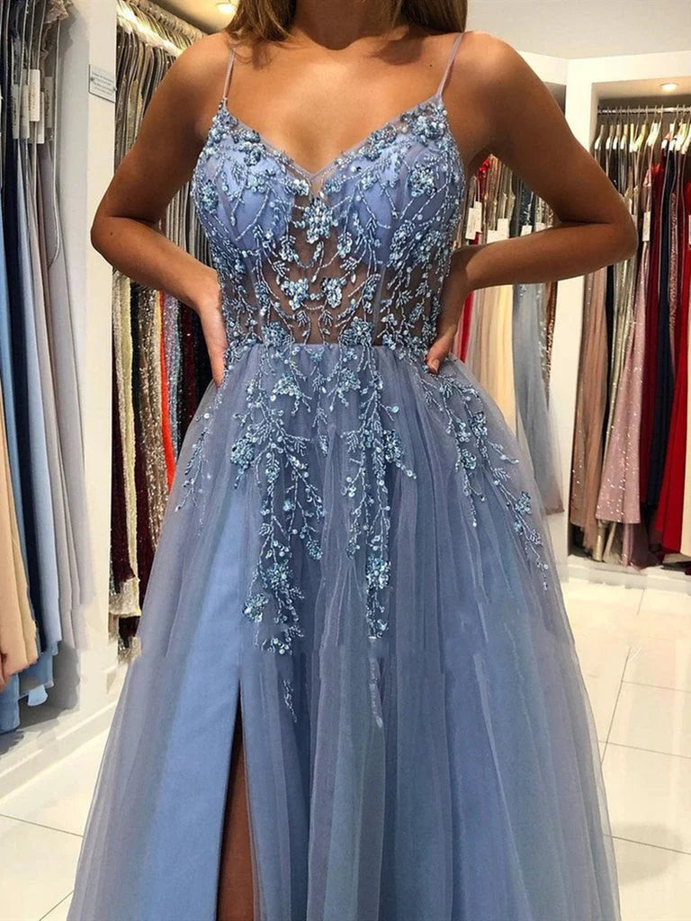 Beaira Blue V Neck Open Back Beaded Long Prom Dress High Slit Party Dress prom dresses shops