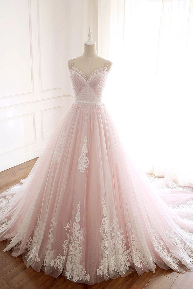 Beaira Pink Elegant Tulle V-neckline Straps Party Dress with Lace Pink Sweet 16 Dress prom dresses shops