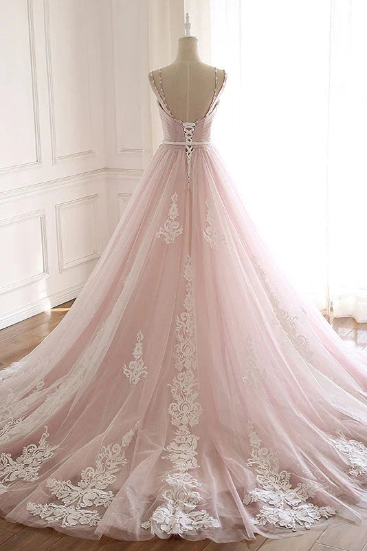Beaira Pink Elegant Tulle V-neckline Straps Party Dress with Lace Pink Sweet 16 Dress prom dresses shops