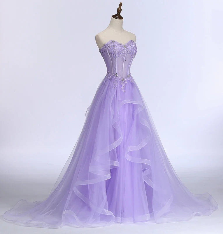 Beaira Light Purple Tulle Sweetheart Long Party Dress A-line Tulle Formal Dress prom dresses shops