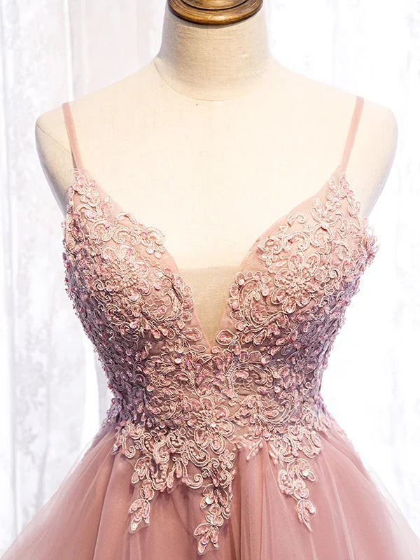 Beaira Cute Pink High Low Tulle with Lace Prom Dress High Low Homecoming Dress prom dresses shops