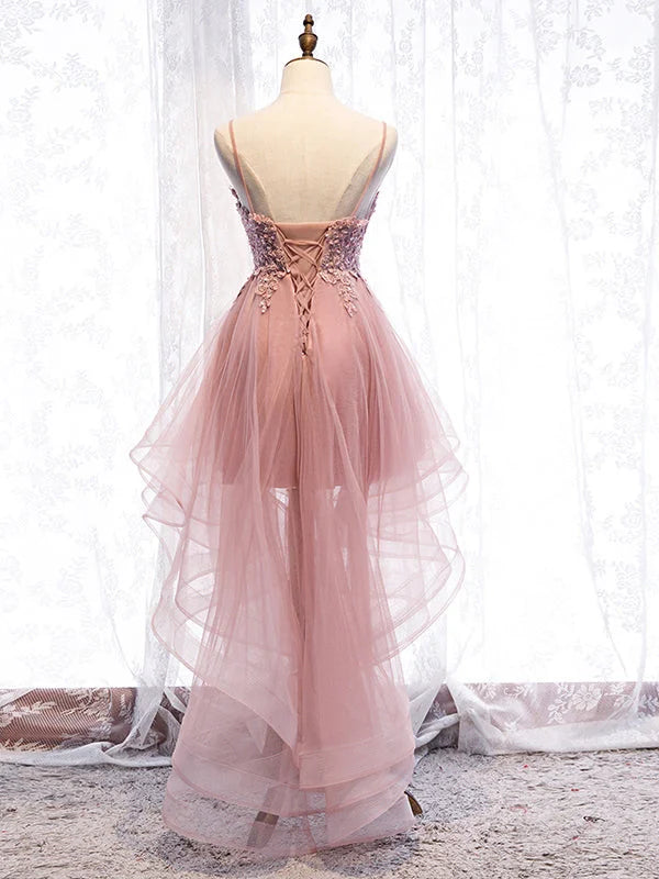 Beaira Cute Pink High Low Tulle with Lace Prom Dress High Low Homecoming Dress prom dresses shops
