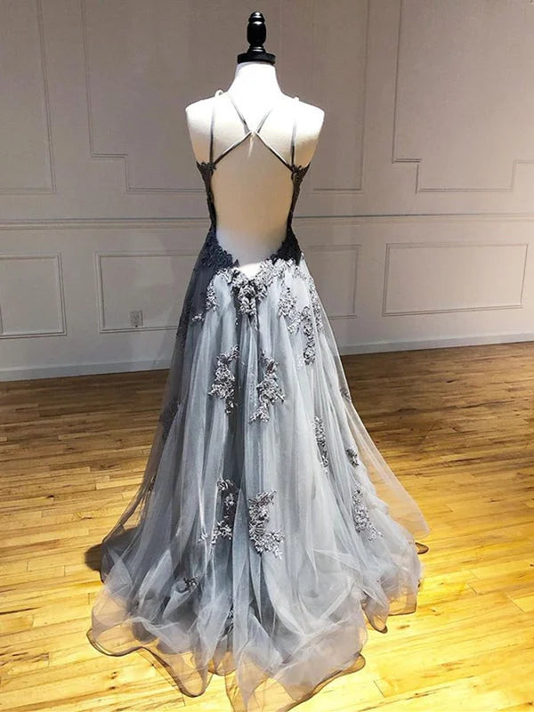 Beaira Dark Grey Halter Backless Tulle with Lace Party Dress A-line Grey Formal Dress prom dresses shops