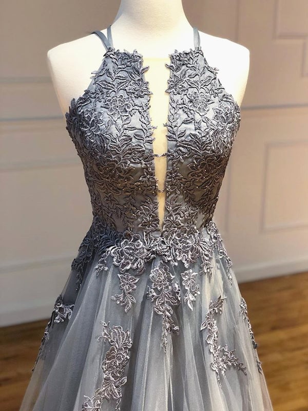 Beaira Dark Grey Halter Backless Tulle with Lace Party Dress A-line Grey Formal Dress prom dresses shops