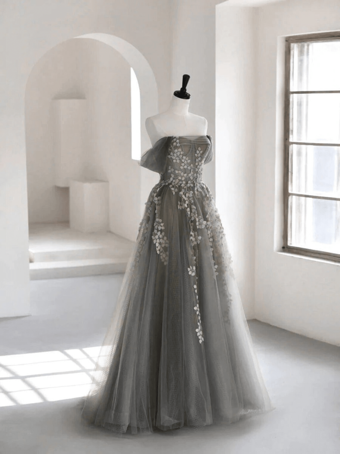 Beaira Grey Off Shoulder Tulle with Lace Applique Long Party Dress Grey Prom Dress prom dresses shops