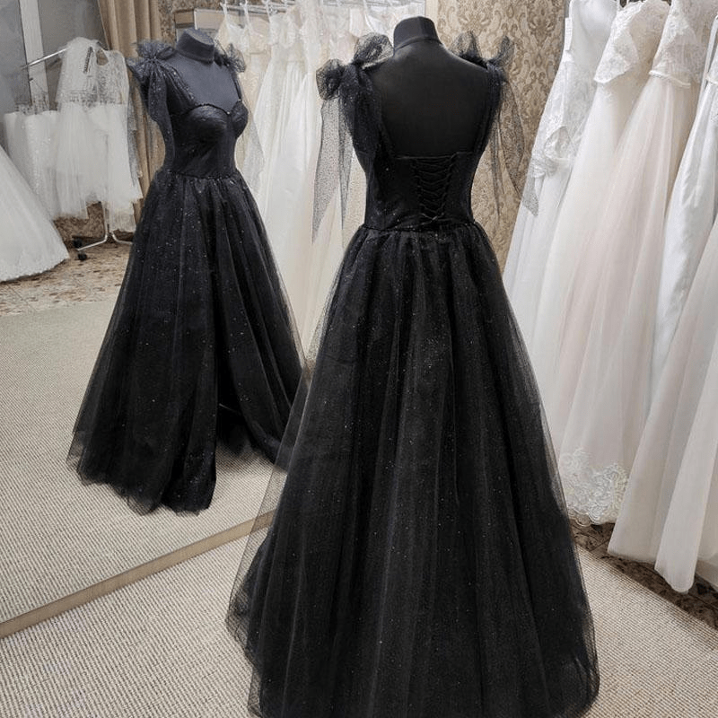 Beaira Black Tulle Floor Length Long Party Dress with Slit Black Evening Dresses prom dresses shops