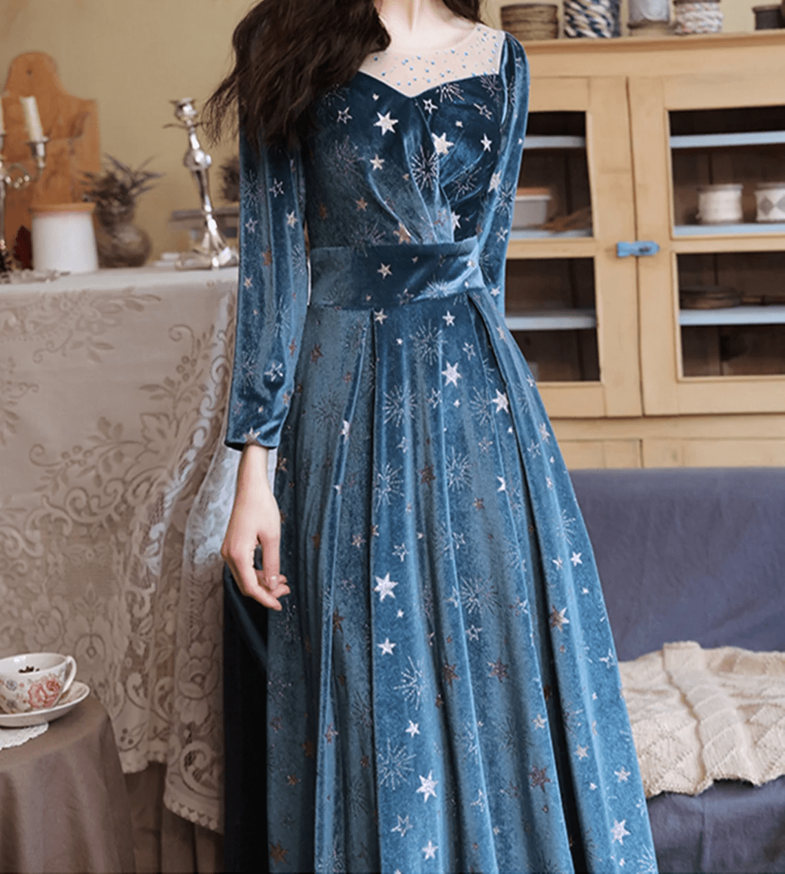 Beaira Blue Velvet Long Sleeves Floor Length Wedding Party Dress Blue Bridesmaid Dresses prom dresses shops